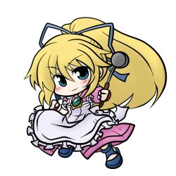  apron blonde_hair blue_eyes blush chibi commentary_request female hair_ribbon ladle lilith_aileron long_hair ribbon smile solo tales_of_(series) tales_of_destiny white_background yanagi_(nurikoboshi) 