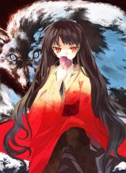  black_hair copyright_request dress female heart japanese_clothes long_hair looking_at_viewer orange_eyes pantyhose red_eyes shunsei_(muratou) solo wolf 