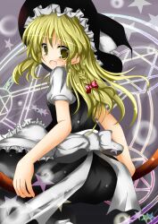  blonde_hair bow braid broom broom_riding commentary_request female from_behind hairbow hat hat_bow hexagram kirisame_marisa looking_back magic_circle photoshop_(medium) side_braid solo t_(dyuhuhudyukusi) touhou witch_hat yellow_eyes 