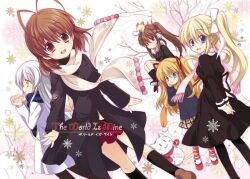  5girls air_(visual_novel) angel_beats! antenna_hair black_legwear blonde_hair blue_eyes brown_hair clannad company_connection crossover feline furukawa_nagisa hair_ribbon izumi_rei kamio_misuzu kanon key_(company) little_busters! long_hair multiple_girls natsume_rin orange_hair pantyhose photoshop_(medium) piro plaid plaid_skirt ponytail red_eyes ribbon sawatari_makoto scarf short_hair skirt tachibana_kanade twintails 