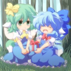  2girls animal_ears ascot blue_dress blue_hair bow box chibi cirno cirno_day closed_eyes commentary_request daiyousei dog_ears dog_tail dress forest gift gift_box green_eyes green_hair hairbow holding holding_gift kemonomimi_mode metadata_pun multiple_girls nature nullpooo open_mouth short_hair sitting smile tail touhou v_arms 