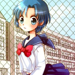  bad_id bad_pixiv_id bishoujo_senshi_sailor_moon blue_eyes blue_hair blue_sailor_collar blush bow commentary_request earrings female fence hiyopuko jewelry juuban_middle_school_uniform long_neck mizuno_ami nape open_mouth sailor_collar school school_uniform short_hair skirt solo 