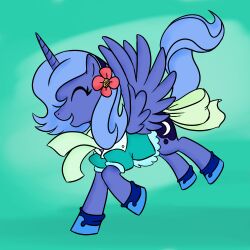  1:1 alicorn blue_body blue_feathers blue_hair clothing cutie_mark equid equine feathered_wings feathers female feral flower friendship_is_magic hair happy hasbro hi_res horn long_hair madmax mammal my_little_pony mythological_creature mythological_equine mythology plant princess_luna_(mlp) quadruped ribbons simple_background smile solo tail wings young 