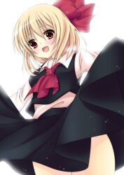  :d ascot blonde_hair bloom blush commentary_request female hair_ribbon highres jpeg_artifacts open_mouth red_eyes ribbon rumia shirt short_hair skirt skirt_hold skirt_set smile solo suzuki_nene touhou upskirt 