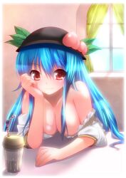  bare_shoulders bloom blue_hair blush breasts cleavage collarbone commentary_request cup drinking_straw female food fruit hat head_rest hinanawi_tenshi long_hair looking_at_viewer medium_breasts off_shoulder peach red_eyes smile solo takase_muh touhou window 