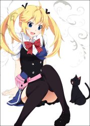  :d arm_support black_cat black_thighhighs blonde_hair blue_eyes border bow feline female grisaia_(series) grisaia_no_kajitsu long_hair matsushima_michiru mizuki_makoto oerba_yun_fang open_mouth photoshop_(medium) pouch school_uniform sitting smile solo thighhighs twintails 