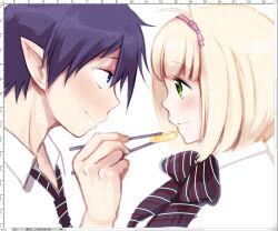  1boy anz_(starry) ao_no_exorcist bad_id bad_pixiv_id blonde_hair blue_eyes blue_hair blush chopsticks couple feeding female food green_eyes hairband hands moriyama_shiemi okumura_rin photoshop_(medium) pointy_ears school_uniform short_hair smile straight upper_body 