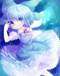  bad_id bad_pixiv_id blue_dress blue_eyes blue_hair blush bow cirno cirno_day dress fairy female grin hairbow ice minato0618 ribbon short_hair smile solo touhou wings 