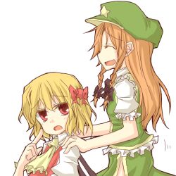  2girls ascot blonde_hair braid closed_eyes commentary_request flandre_scarlet hair_ribbon hands_on_shoulders hat hong_meiling long_hair multiple_girls natsuk no_headwear open_mouth red_eyes red_hair ribbon short_hair star_(symbol) touhou twin_braids 