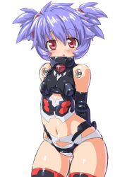  altines arms_behind_back bad_id bad_pixiv_id bare_shoulders blue_hair blush busou_shinki dd_(ijigendd) doll_joints female joints midriff navel red_eyes solo thigh_gap thighs twintails 