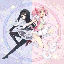  2girls akemi_homura akemi_homura_(magical_girl) black_hair black_pantyhose blue_eyes bobby_socks choker commentary_request gloves hairband kaname_madoka kaname_madoka_(magical_girl) kyuubee long_hair maeda_risou magical_girl mahou_shoujo_madoka_magica mahou_shoujo_madoka_magica_(anime) multiple_girls open_mouth pantyhose pink_eyes pink_hair short_twintails skirt smile socks star_(symbol) twintails 