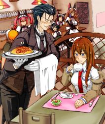  3boys 5girls akiha_rumiho amane_suzuha ame_noti_hare animal_ears black_hair black_necktie blue_eyes blush brown_eyes brown_hair butler cat_ears cellphone chair chalkboard closed_eyes commentary_request cup drill_hair embarrassed food fork formal gloves happy_birthday hashida_itaru jacket kiryuu_moeka knife long_hair maid maid_headdress makise_kurisu multiple_boys multiple_girls necktie okabe_rintarou omelet omurice open_mouth phone pink_eyes pink_hair plate red_necktie salad shiina_mayuri short_hair smile spoon steins;gate suit sweatdrop table teacup towel tray tuxedo_shirt urushibara_ruka 