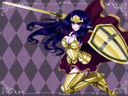  alternate_color annelotte_(queen&#039;s_blade) argyle_background armor armored_dress boots breasts cape cleavage colored_skin commentary_request dark_persona demon_annelotte female gauntlets inoino large_breasts legs lipstick long_hair makeup pale_skin pointy_ears purple_background purple_hair purple_skin queen&#039;s_blade queen&#039;s_blade_rebellion red_eyes shield sideboob solo sword thigh_boots thighhighs thighs tiara weapon 