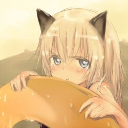  :t animal_ears blonde_hair blue_eyes blush cat_ears cat_girl commentary_request female helma_lennartz innertube long_hair looking_at_viewer pout solo strike_witches:_suomus_misfits_squadron swim_ring tears tsuchii_(ramakifrau) wet world_witches_series 