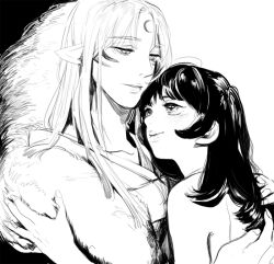  1boy bad_id bad_pixiv_id couple cuddling facial_mark female fur greyscale inuyasha lips monochrome nude photoshop_(medium) pointy_ears rin_(inuyasha) sesshoumaru shiawasena_ashita smile straight teenage 