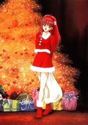  1990s_(style) arms_behind_back christmas christmas_tree female fujisaki_shiori full_body gift hairband kokura_masashi long_hair official_art red_eyes red_hair retro_artstyle sack santa_costume scan shoes skirt smile solo tokimeki_memorial tokimeki_memorial_1 