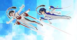  2boys airplane_wing all_nippon_airways bad_id bad_pixiv_id blush bodysuit checkered_background elbow_gloves flying full_body glide_slope gloves gradient_background japan_airlines jet_engine looking_ahead mechanical_ears multiple_boys outline outstretched_arms personification smile white_outline 