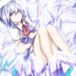  blue_dress blue_eyes blue_hair bow cirno cirno_day commentary_request dress fairy female hairbow ice inaba-no-kuni-tottori lying metadata_pun on_back panties pantyshot pink_panties ribbon short_hair solo striped_clothes striped_panties touhou underwear 