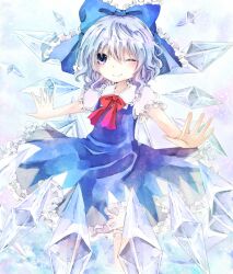  bad_id bad_pixiv_id blue_dress blue_eyes blue_hair blush bow cirno cirno_day dress fairy female hairbow ice jaku_sono one_eye_closed ribbon short_hair smile solo touhou wings 