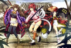  3girls absurdres artist_request black_hair black_legwear breasts brown_hair hand_fan highres hyakka_ryouran_samurai_girls imageboard_desourced legs long_hair medium_breasts midriff multiple_girls non-web_source one-piece_swimsuit photoshop_(medium) purple_eyes red_eyes red_hair samurai sanada_clan_(emblem) sanada_yukimura_(hyakka_ryouran) school_swimsuit socks swimsuit thighhighs tokugawa_sen very_long_hair weapon white_one-piece_swimsuit yagyuu_juubei_(hyakka_ryouran) 