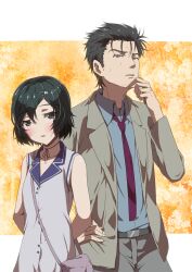  1boy bad_id bad_pixiv_id black_hair blush brown_eyes dress female formal genderswap_(mtf) girock hair_ornament hairclip necktie okabe_rintarou open_mouth photoshop_(medium) purple_eyes rule_63 short_hair skull_hair_ornament sleeveless smile steins;gate suit sweatdrop urushibara_ruka 