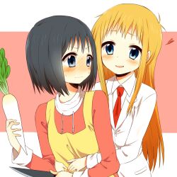  2girls aged_up apron bad_id bad_pixiv_id black_eyes black_hair blue_eyes blush daikon heart hug knife lab_coat long_hair multiple_girls nichijou orange_(bibiko) orange_hair professor_shinonome radish shinonome_nano short_hair yuri 