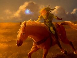  1boy animal bad_id bad_pixiv_id blonde_hair blue_eyes epona fairy gloves hat horse horseback_riding link navi om_(carbohydratism) pointy_ears riding smile sword the_legend_of_zelda the_legend_of_zelda:_ocarina_of_time weapon 