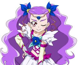  blue_flower blue_rose commentary_request dress earrings eyelashes female flower gloves hand_on_own_hip jewelry long_hair magical_girl midriff milk_(yes!_precure_5) milky_rose mimino_kurumi navel one_eye_closed photoshop_(medium) pink_eyes precure purple_hair rose sinko_(sinsin) smile solo tiara two_side_up yes!_precure_5 yes!_precure_5_gogo! 