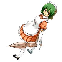  adapted_costume alternate_costume apron bow brown_eyes closed_umbrella commentary_request dress elbow_gloves enmaided female flower full_body gloves green_hair hair_ornament headdress hota kazami_yuuka maid mary_janes pantyhose parasol plaid plaid_dress shoes short_hair simple_background solo sunflower touhou umbrella white_pantyhose 