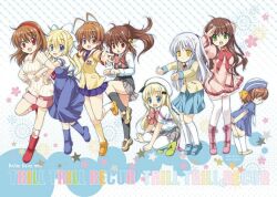  6+girls ahoge air_(visual_novel) algorithm_march angel_beats! antenna_hair argyle_clothes argyle_legwear bat_hair_ornament blazer blonde_hair blue_eyes boots brown_hair clannad company_connection crossover furukawa_nagisa green_eyes hair_ornament hat hikarizaka_private_high_school_uniform izumi_rei jacket kamio_misuzu kanbe_kotori kanon kazamatsuri_institute_high_school_uniform key_(company) little_busters! little_busters!_school_uniform long_hair multiple_girls natsume_rin noumi_kudryavka okazaki_ushio photoshop_(medium) plaid plaid_skirt ponytail pythagora-switch red_eyes rewrite ribbon school_uniform short_hair skirt tachibana_kanade thighhighs time_paradox tsukimiya_ayu 