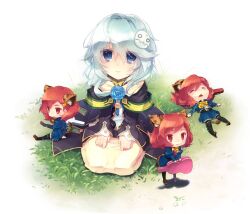  4girls animal_ears bad_id bad_pixiv_id blue_eyes blue_flower blue_rose bow bowtie capelet closed_eyes flower grass guitar_case hair_ornament hairclip hebino_(snake_nest) instrument_case jacket lying mini_person minigirl multiple_girls on_back photoshop_(medium) red_eyes red_hair rose seiza short_hair siblings silver_hair simple_background sisters sitting smile standing tail trickster_(ntreev_soft) 