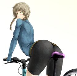  amane_suzuha ass bad_id bad_pixiv_id bicycle bike_shorts braid brown_hair female jacket sajittari short_hair_with_long_locks side_braid solo steins;gate 