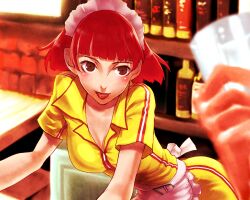  apron atlus brown_eyes catherine_(game) erica_anderson female female headdress lipstick maid_headdress makeup open_mouth p-kana red_hair short_hair solo waitress 