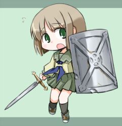  ascot black_socks brown_hair chibi commentary_request female green_eyes kugelschreiber open_mouth rance_(series) rance_quest sachiko_centers sailor_collar shield socks solo sword weapon 