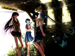  ami_mizuno black_hair blonde_hair blue_hair flowers long_hair rei_hino seifuku short_hair usagi_tsukino 