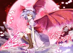  bat_wings blue_door blue_hair boots commentary_request dress female hat moon photoshop_(medium) red_eyes red_theme red_wings remilia_scarlet ribbon short_hair smile solo spear_the_gungnir touhou wings 