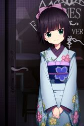  black_hair chimachi commentary_request door female floral_print green_eyes highres ikoku_meiro_no_croisee japanese_clothes kimono short_hair solo yune_(ikoku_meiro_no_croisee) 