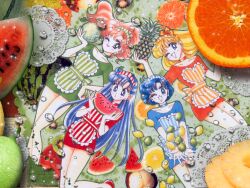  ami_mizuno makoto_kino minako_aino orange rei_hino waitress watermelon wink 