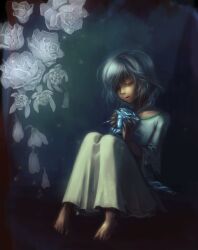  bad_id bad_pixiv_id barefoot closed_eyes eyelashes feet female flower frozen grey_hair hebino_(snake_nest) highres ice petals photoshop_(medium) pigeon-toed rose short_hair sitting solo thorns trickster_(ntreev_soft) 