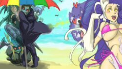  animal_ears aqua_hair blue_hair capcom cape cat_ears catgirl darkstalkers demitri_maximoff demon_girl felicia gallon heart jedah_dohma jon_talbain lilith_aensland morrigan_aensland purple_hair red_eyes short_hair succubus umbrella vampire vampire_(game) werewolf yellow_eyes 