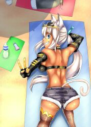  animal_ears aqua_eyes bare_shoulders beach breasts cat_ears cat_tail cleavage dark_skin denim denim_shorts elbow_gloves gloves kaiten_muten-maru shamu_meruruusa short_shorts shorts solo tail thighhighs white_hair 