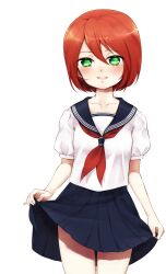  anz_(starry) bad_id bad_pixiv_id blush clothes_lift curtsey female genderswap_(mtf) green_eyes highres inazuma_eleven inazuma_eleven_(series) kiyama_hiroto open_mouth photoshop_(medium) red_hair rule_63 school_uniform serafuku short_hair skirt skirt_hold skirt_lift smile solo 