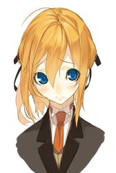  blonde_hair blue_eyes butler commentary_request female female_butler hair_ribbon konoe_subaru long_hair mayo_chiki! necktie photoshop_(medium) ribbon senmu_(senmudayo) simple_background solo 