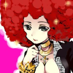  afro atlus beauty_mark breasts catherine_(game) choker cleavage female green_eyes happy_happy_rain ishida_ru jewelry lipstick long_hair lowres makeup midnight_venus mole necklace red_hair solo trisha vest 