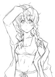  amane_suzuha ame_noti_hare bra braid commentary_request female greyscale hand_on_own_head jacket lingerie midriff monochrome navel open_clothes open_jacket short_hair shorts solo steins;gate twin_braids underwear 