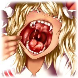  blonde_hair close-up commentary_request fangs female flandre_scarlet hat hat_ribbon head_tilt looking_at_viewer mouth_focus mouth_pull nostrils open_mouth red_eyes ribbon saliva sanagi_(diohazard) short_hair side_ponytail solo teeth tongue touhou uvula vampire 