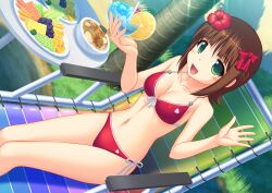  amami_haruka bikini bow breasts brown_hair chair cleavage commentary_request drink dutch_angle female flower food front-tie_top fruit grapes green_eyes hair_flower hair_ornament hairbow halterneck hibiscus idolmaster idolmaster_(classic) kageira kiwi_(fruit) lounge_chair medium_breasts melon navel noodles open_mouth orange_(fruit) pineapple ramen red_bikini short_hair side-tie_bikini_bottom smile solo string_bikini swimsuit watermelon 