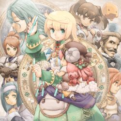  3boys 5girls aqua_hair armor blonde_hair blue_hair brown_eyes brown_hair closed_eyes commentary_request dress elsie_quin facial_hair green_eyes hairband horns jewelry karuna_astarra keke_(noora_to_toki_no_koubou) medallion mellow_(noora_to_toki_no_koubou) moustache multiple_boys multiple_girls necklace noora_brandor noora_to_toki_no_koubou octoia_reistrom pota_(nabrinko) red_hair ruttz_alenius shawl single_horn sirkka_bjorn vial 