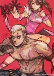  1boy abs artist_name bangle bracelet bryan_fury china_dress chinese_clothes commentary deviantart_username dress english_commentary female fighting_stance fingerless_gloves gloves jewelry ling_xiaoyu manly moogie_(shinjyu) photoshop_(medium) red_background scar short_hair silver_hair tekken tekken_tag_tournament_2 topless_male twintails 