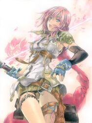  &eacute;clair_farron belt blue_eyes commentary_request elbow_gloves female final_fantasy final_fantasy_xiii fingerless_gloves flower gloves issun_boushi_(ilmtkimoti) lips looking_at_viewer miniskirt pink_hair scarf skirt solo sword thigh_gap thigh_strap upskirt weapon 